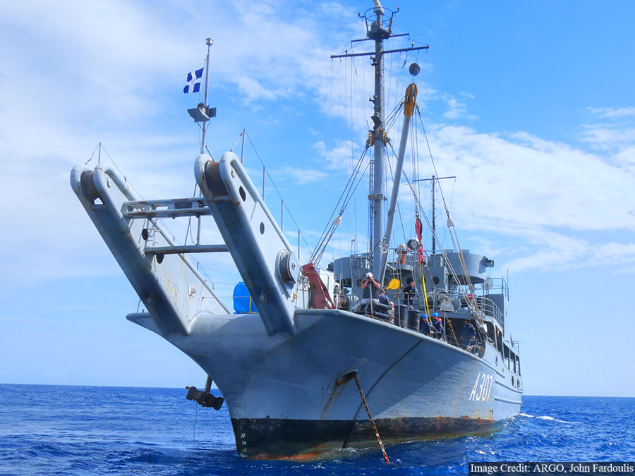 HN THETIS, anchored next to the Antikythera shipwreck