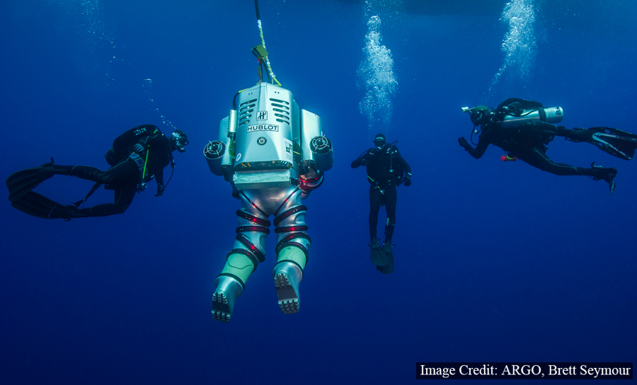 Creating history, with members of the Hellenic Navy Seal (O.Y.K) team providing in-water support for the Exosuit.