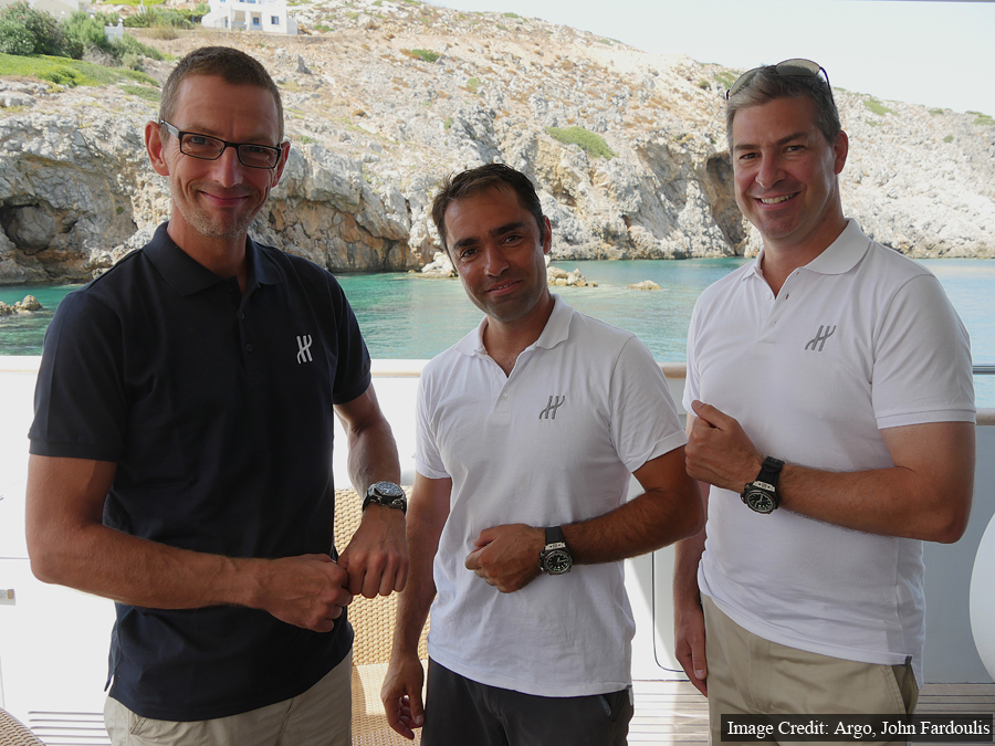 Lead divers Phil Short and Alexander Sotirioiu were presented with Hublot King Power diving watches by Mathias Buttet. 