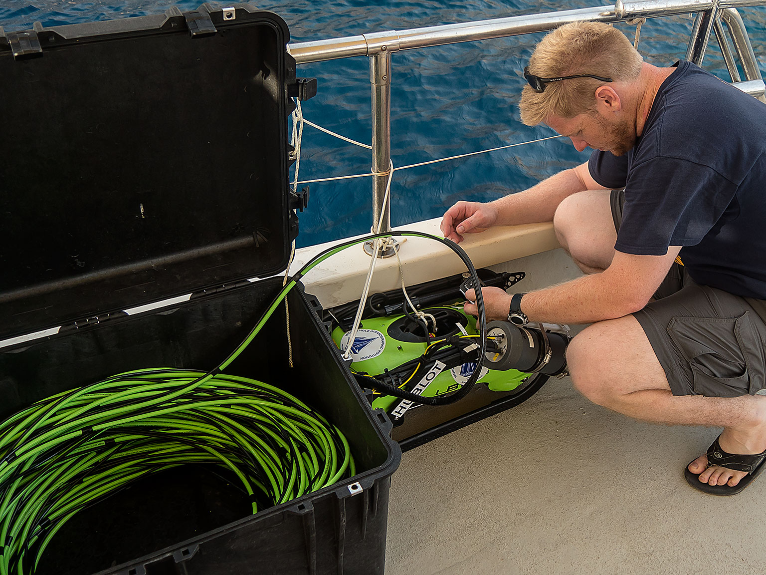 Dr. Carl Kaiser preparing the ROV, which provides a live video feed to the surface.