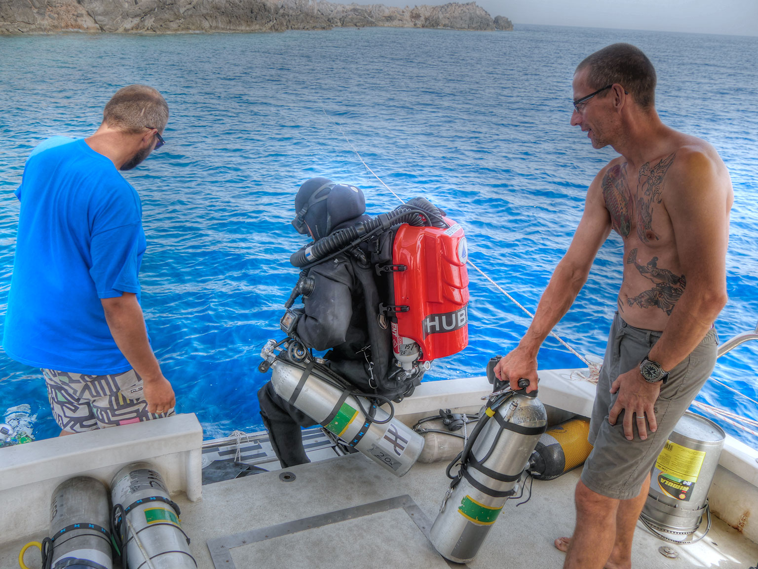 Alexander Sotiriou getting ready for the first dive of the day, to move the underwater dredge.